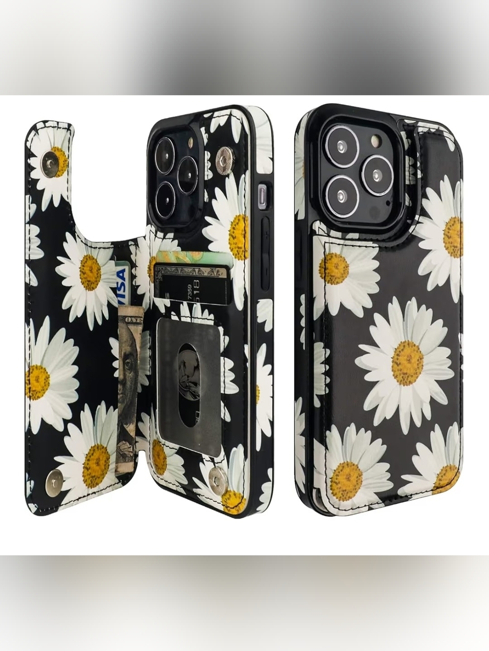 Daisy Print Wallet Phone Case - Black & White